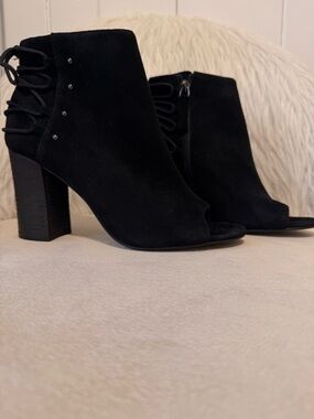 Nine West Black Suede Open-Toe Ankle Booties with Back Tie Detail